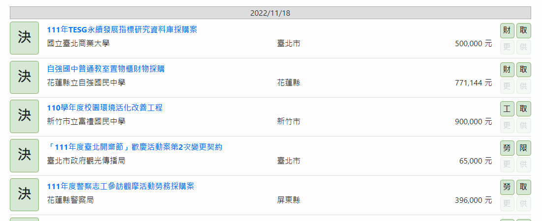 決標查詢結果清單示意圖